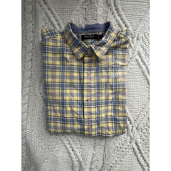 Nautica Men's Short Sleeve Button Up Shirt Yellow Multicolor Plaid Size L - Picture 10 of 10